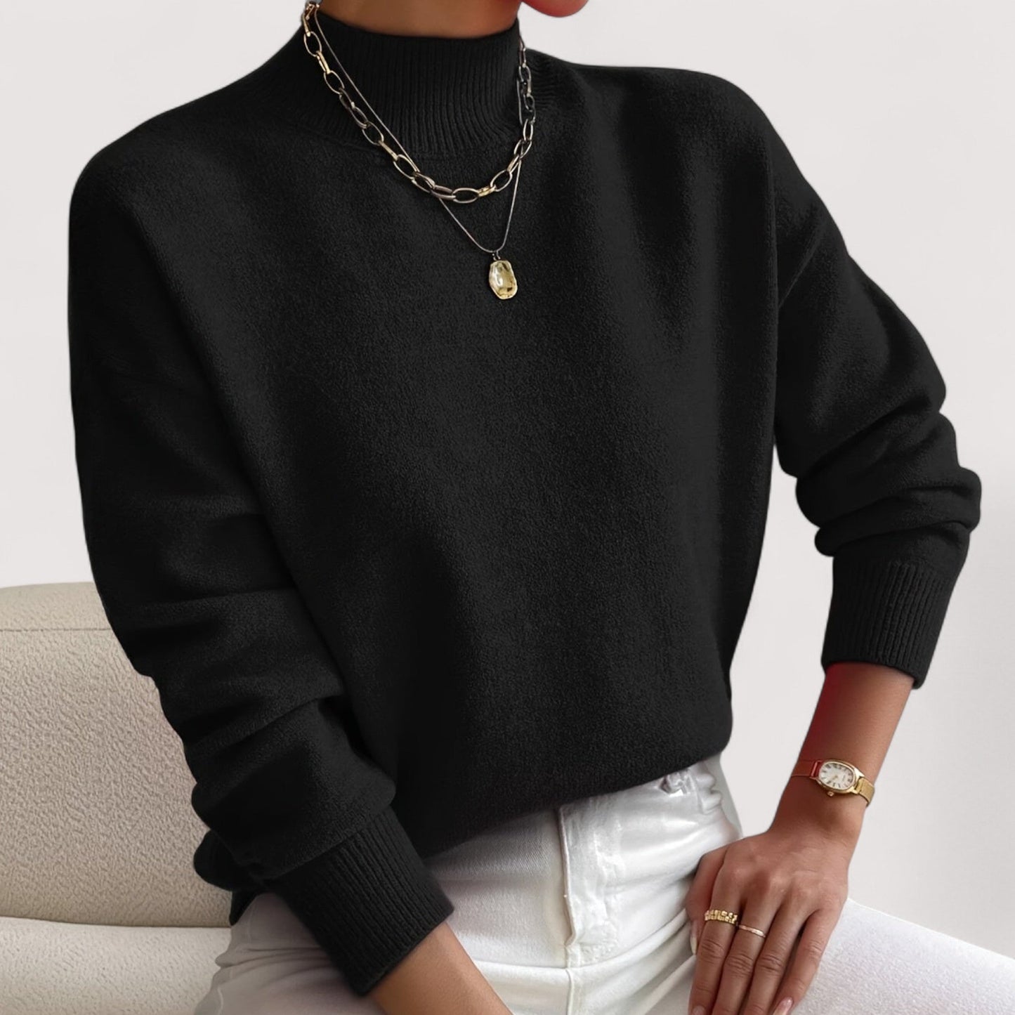 Suéter de punto oversized cómodo para mujeres con cuello alto y mangas largas, estilo relajado y casual