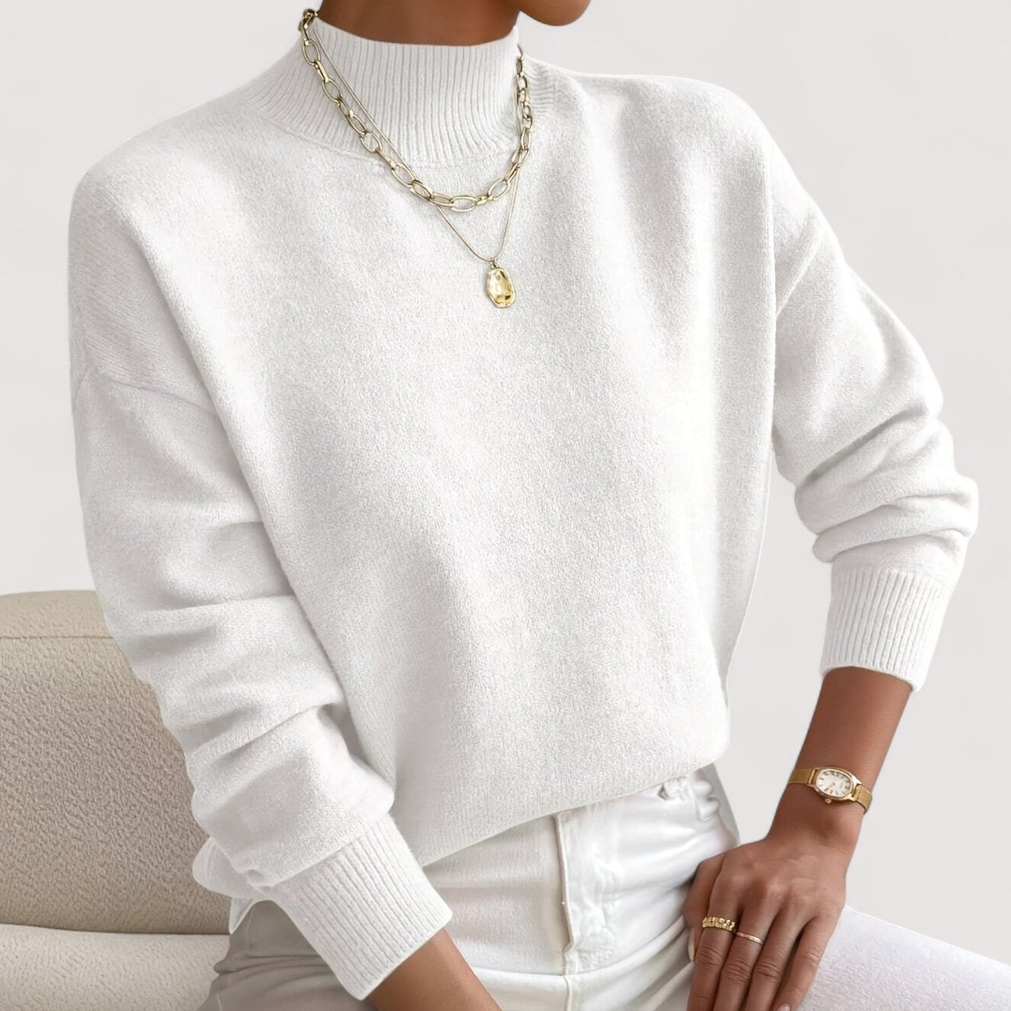 Suéter de punto oversized cómodo para mujeres con cuello alto y mangas largas, estilo relajado y casual