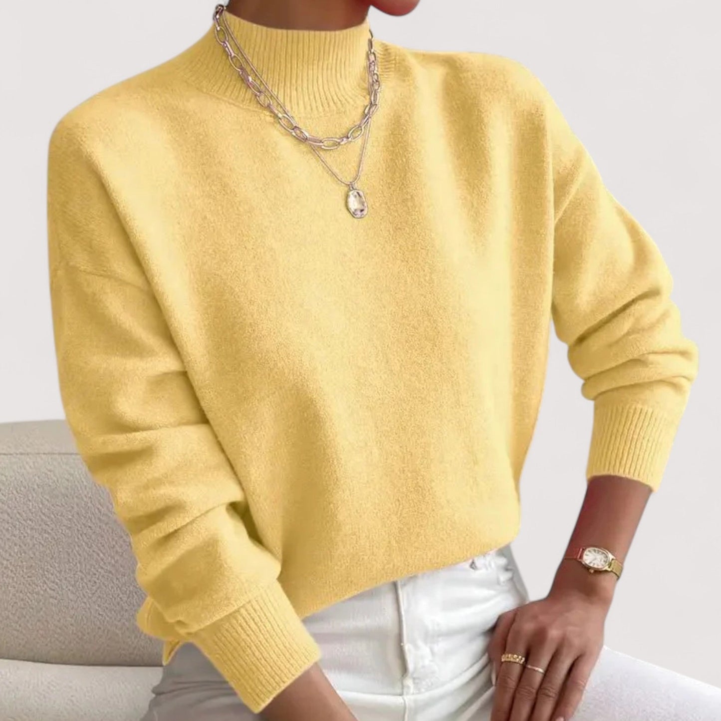 Suéter de punto oversized cómodo para mujeres con cuello alto y mangas largas, estilo relajado y casual