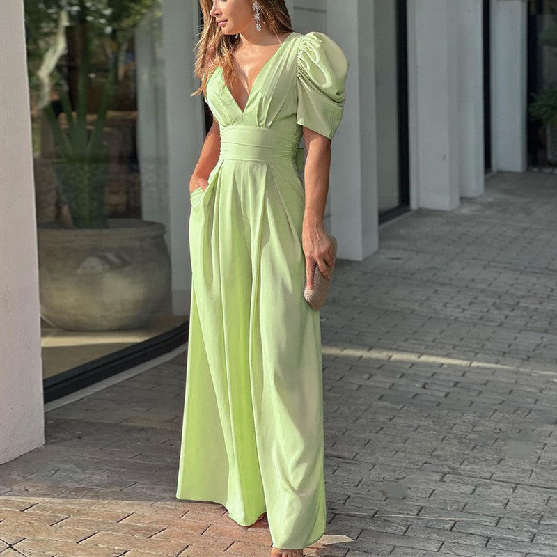 Mono Elegante de Pierna Ancha para Mujeres con Escote en V, Manga Abullonada y Cintura Con Cinturón