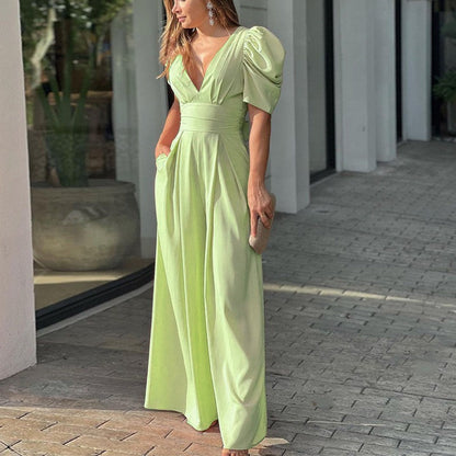 Mono Elegante de Pierna Ancha para Mujeres con Escote en V, Manga Abullonada y Cintura Con Cinturón