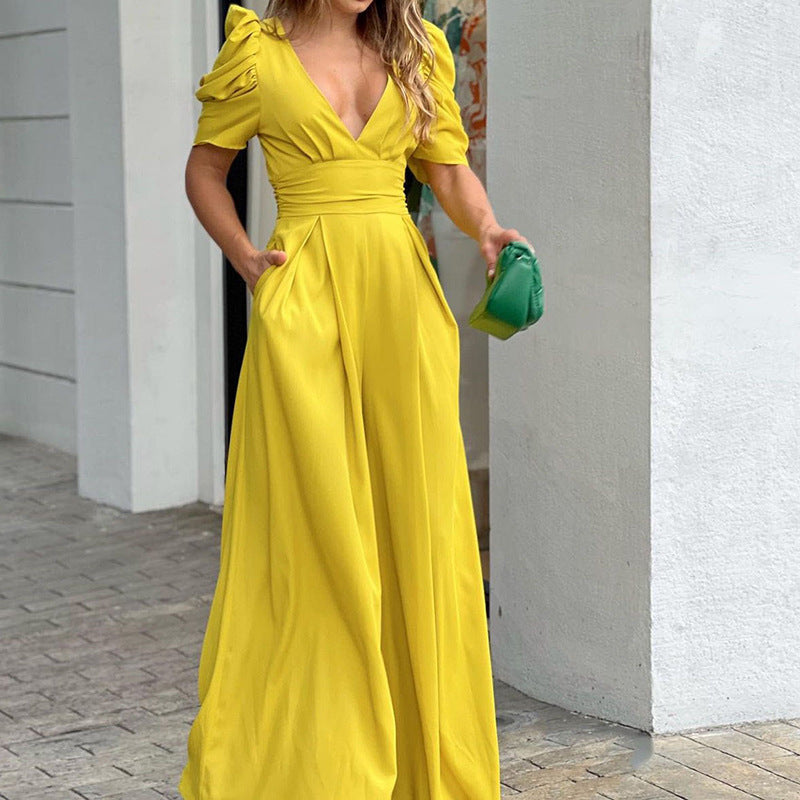 Mono Elegante de Pierna Ancha para Mujeres con Escote en V, Manga Abullonada y Cintura Con Cinturón