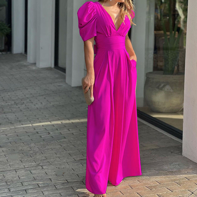 Mono Elegante de Pierna Ancha para Mujeres con Escote en V, Manga Abullonada y Cintura Con Cinturón
