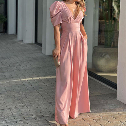 Mono Elegante de Pierna Ancha para Mujeres con Escote en V, Manga Abullonada y Cintura Con Cinturón