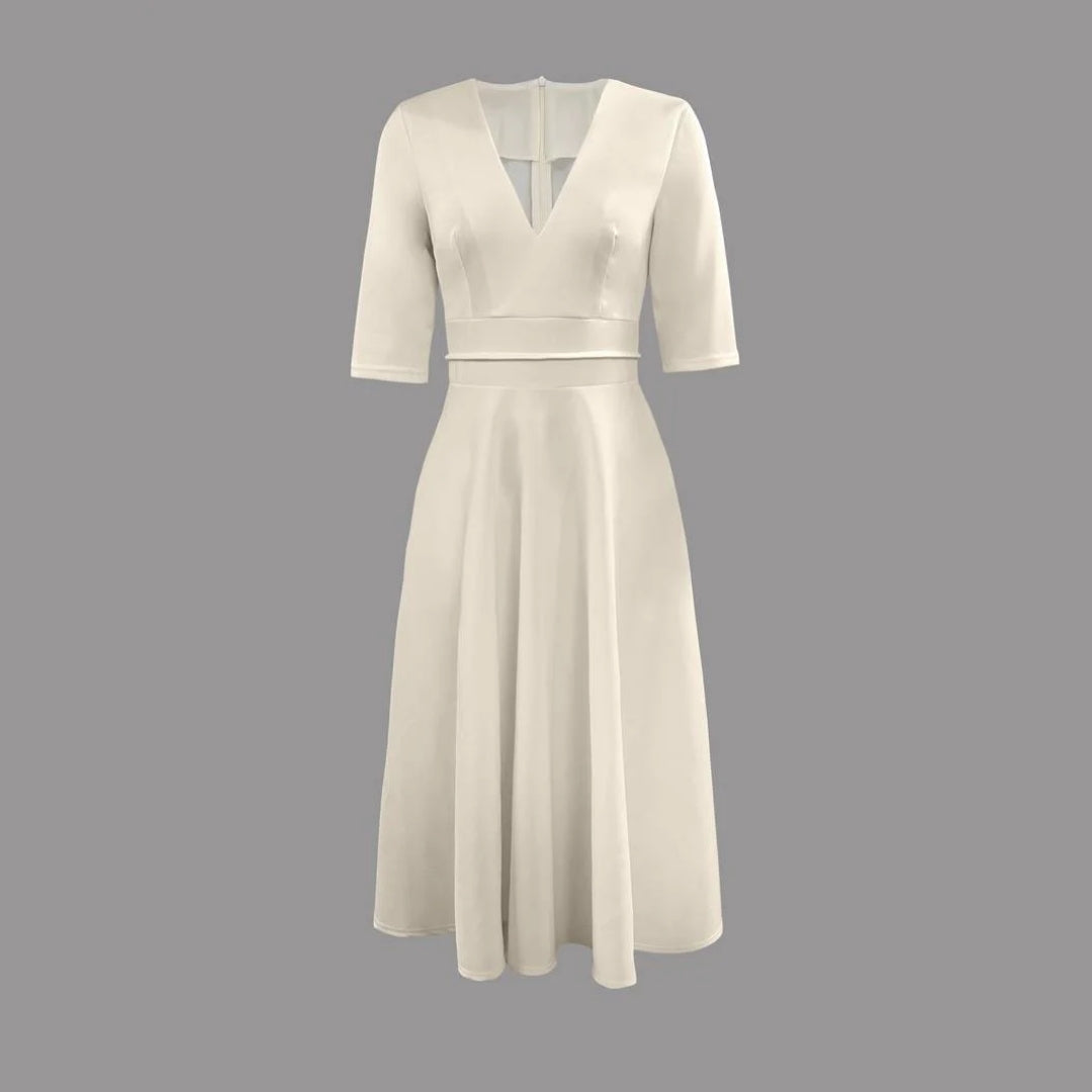 Vestido Midi de Satén Blanco Elegante para Mujeres con Escote en V y Mangas hasta el Codo, Estilo para Invitadas de Boda