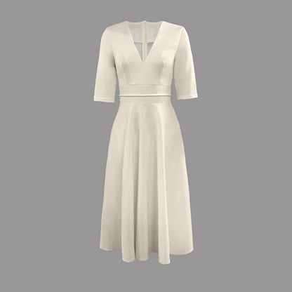 Vestido Midi de Satén Blanco Elegante para Mujeres con Escote en V y Mangas hasta el Codo, Estilo para Invitadas de Boda