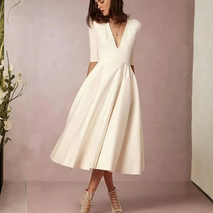 Vestido Midi de Satén Blanco Elegante para Mujeres con Escote en V y Mangas hasta el Codo, Estilo para Invitadas de Boda
