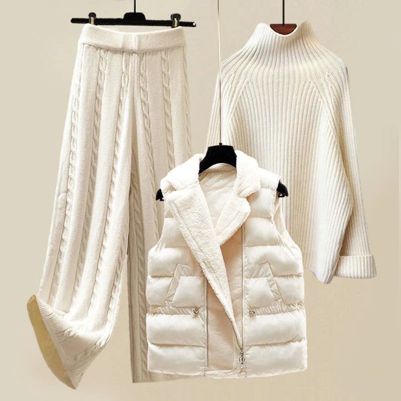 Conjunto de Tres Piezas de Punto Blanco Cómodo para Mujeres con Suéter de Cuello Alto, Chaleco Acolchado y Pantalón de Pierna Ancha Estilo Casual