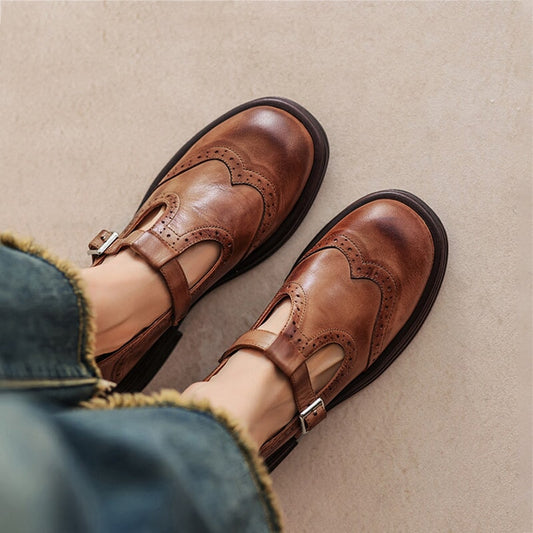 Zapatos Mary Jane de Cuero Elegante con Hebilla T Strap y Plataforma Tipo Brogue para Mujeres, Estilo Vintage