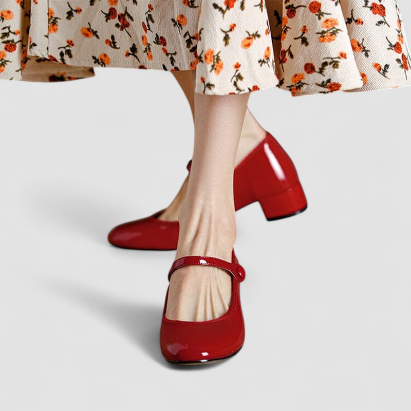 Elegante Zapato de Charol Mary Jane para Mujeres con Punta Redonda, Correa en el Tobillo y Tacón de Bloque