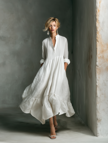 Vestido Maxi Blanco Sin Esfuerzo para Mujeres con Cuello Alto y Botones, Manga Larga, Estilo Casual de Lino con Volantes