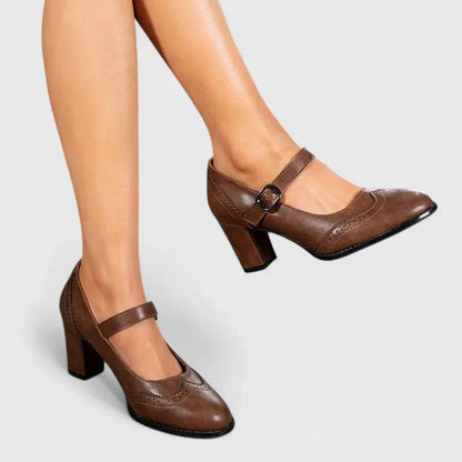 Elegantes Zapatos de Tacón Mary Jane de Cuero para Mujeres con Correa de Hebilla Brogue de Punta Alada y Tacón Bloque
