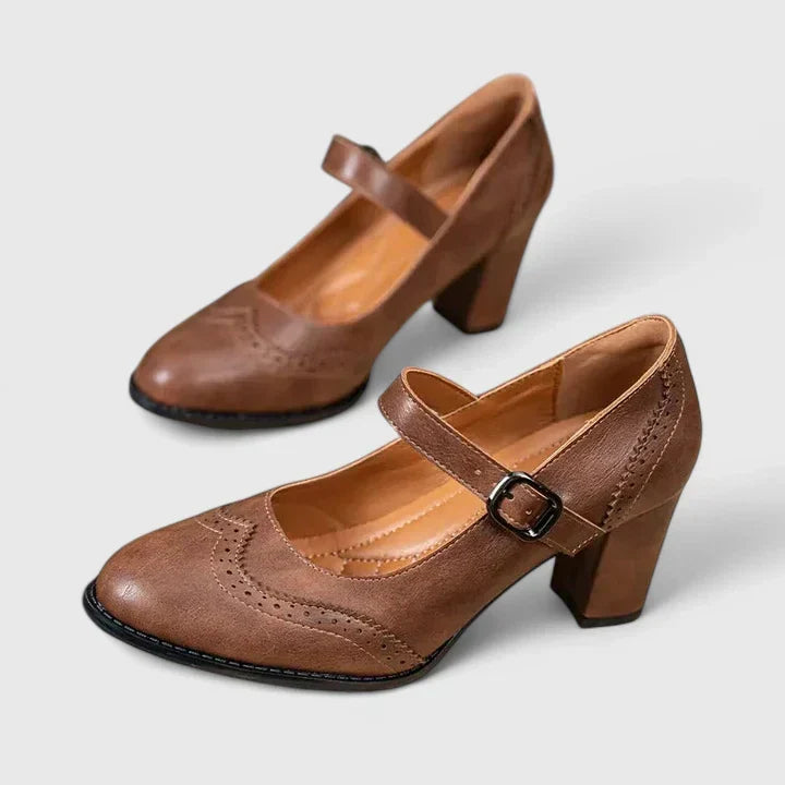 Elegantes Zapatos de Tacón Mary Jane de Cuero para Mujeres con Correa de Hebilla Brogue de Punta Alada y Tacón Bloque