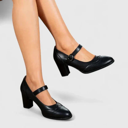 Elegantes Zapatos de Tacón Mary Jane de Cuero para Mujeres con Correa de Hebilla Brogue de Punta Alada y Tacón Bloque
