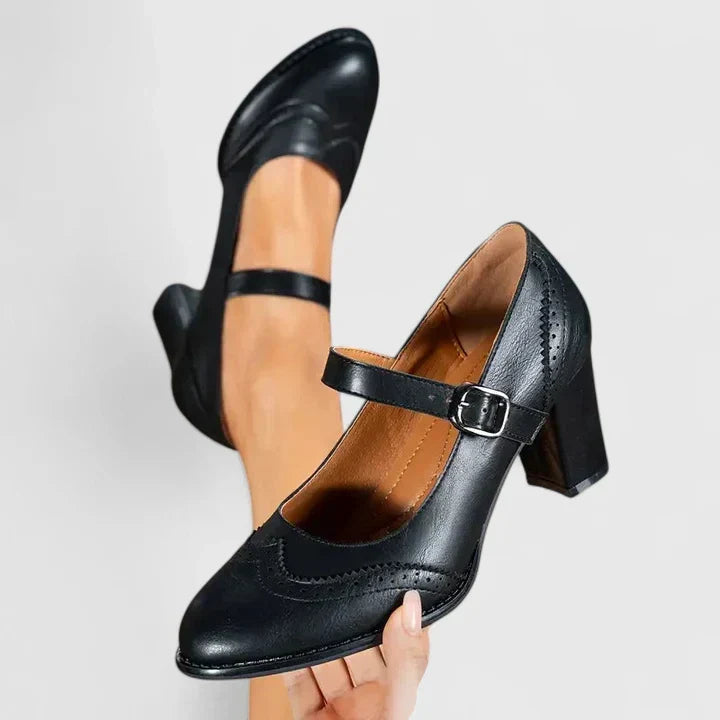Elegantes Zapatos de Tacón Mary Jane de Cuero para Mujeres con Correa de Hebilla Brogue de Punta Alada y Tacón Bloque