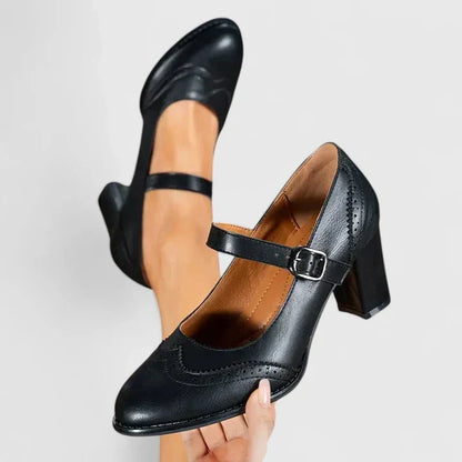 Elegantes Zapatos de Tacón Mary Jane de Cuero para Mujeres con Correa de Hebilla Brogue de Punta Alada y Tacón Bloque