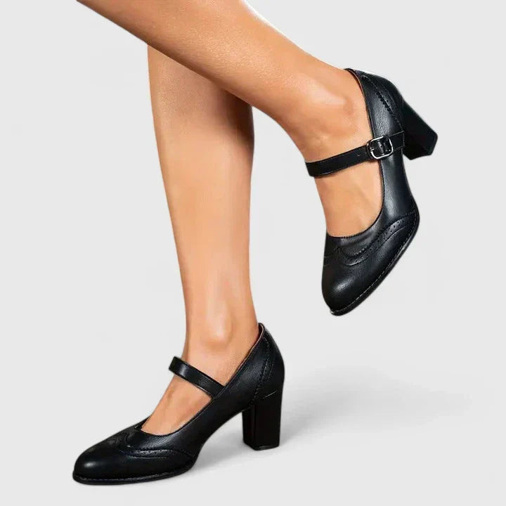 Elegantes Zapatos de Tacón Mary Jane de Cuero para Mujeres con Correa de Hebilla Brogue de Punta Alada y Tacón Bloque