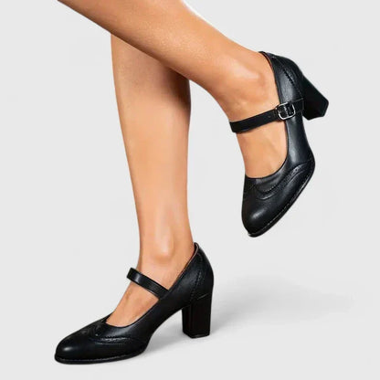 Elegantes Zapatos de Tacón Mary Jane de Cuero para Mujeres con Correa de Hebilla Brogue de Punta Alada y Tacón Bloque