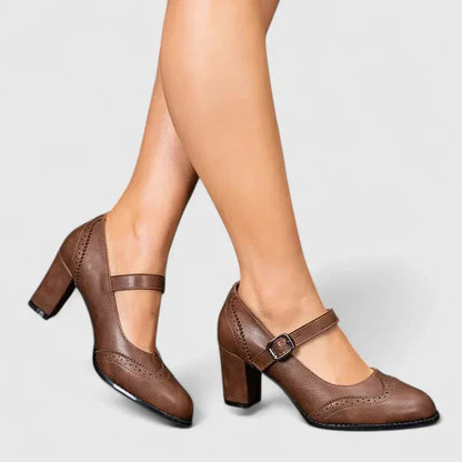 Elegantes Zapatos de Tacón Mary Jane de Cuero para Mujeres con Correa de Hebilla Brogue de Punta Alada y Tacón Bloque