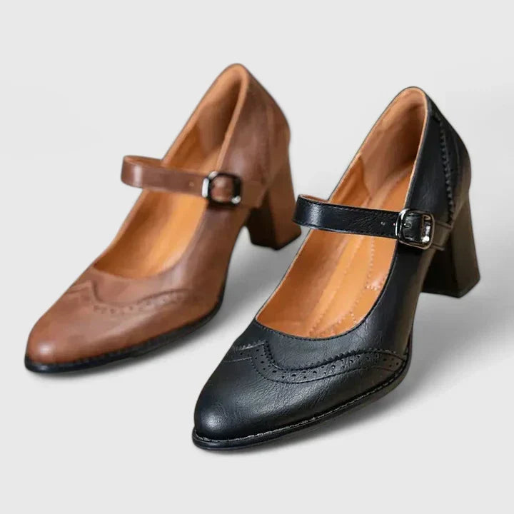 Elegantes Zapatos de Tacón Mary Jane de Cuero para Mujeres con Correa de Hebilla Brogue de Punta Alada y Tacón Bloque