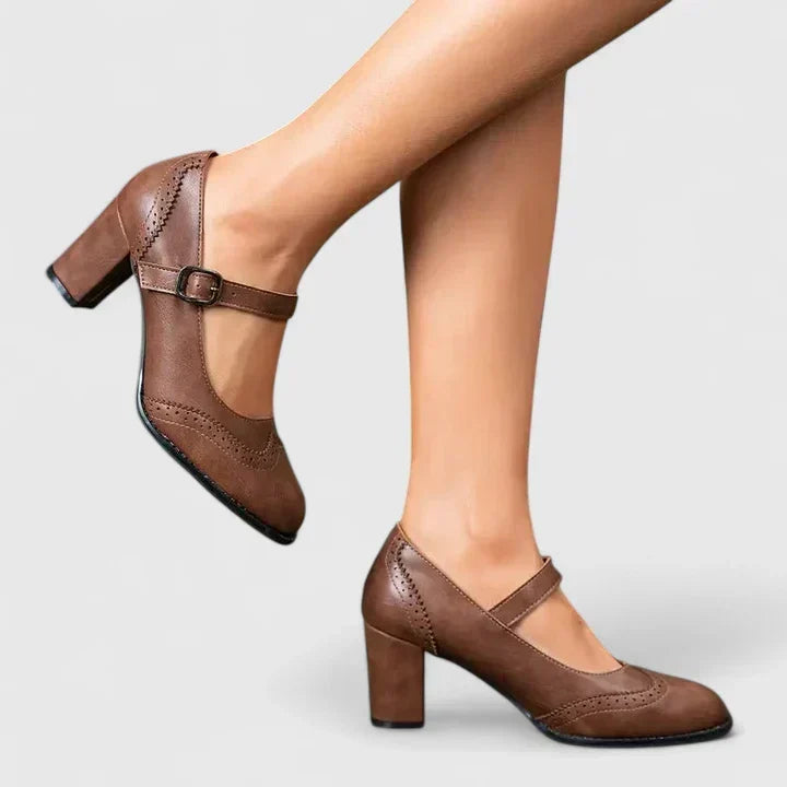 Elegantes Zapatos de Tacón Mary Jane de Cuero para Mujeres con Correa de Hebilla Brogue de Punta Alada y Tacón Bloque
