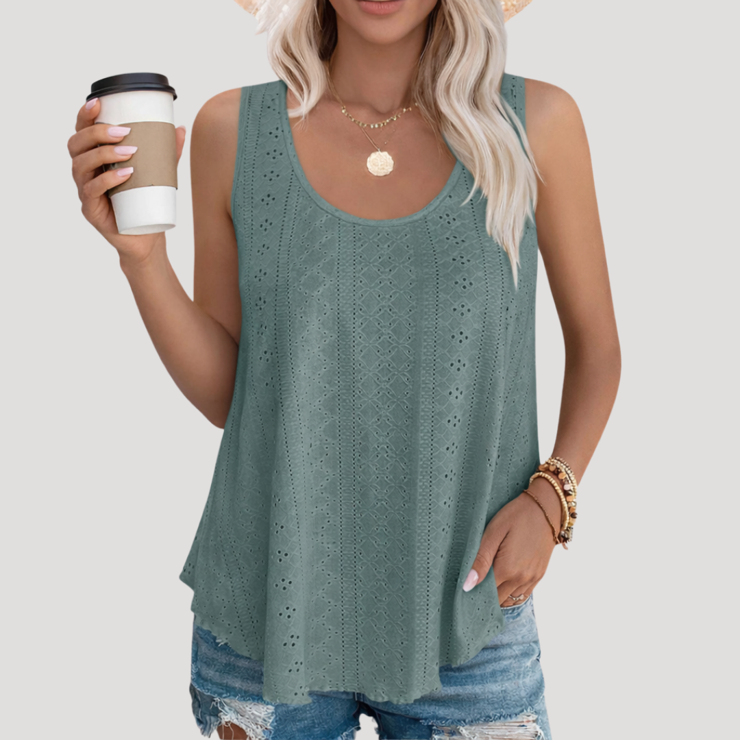 Top de Crochet Sin Mangas para Mujeres con Escote Redondeado, Estilo Bohemio Relajado