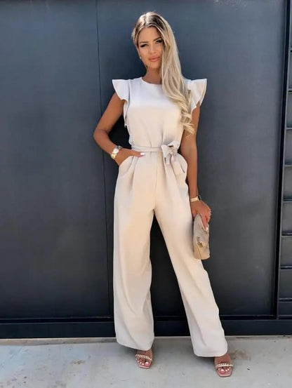 Mono Elegante de Pierna Ancha para Mujeres con Cuello Redondo, Mangas con Volantes y Cinturón de Estilo Fluido