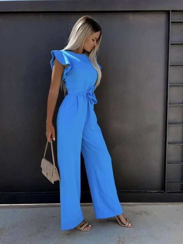 Mono Elegante de Pierna Ancha para Mujeres con Cuello Redondo, Mangas con Volantes y Cinturón de Estilo Fluido