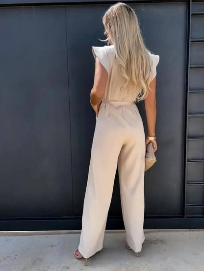 Mono Elegante de Pierna Ancha para Mujeres con Cuello Redondo, Mangas con Volantes y Cinturón de Estilo Fluido