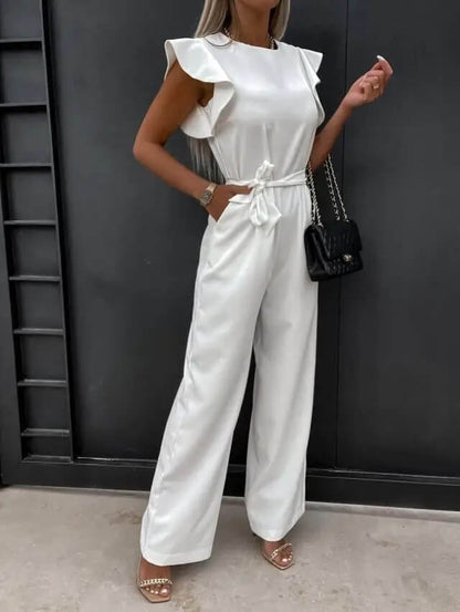 Mono Elegante de Pierna Ancha para Mujeres con Cuello Redondo, Mangas con Volantes y Cinturón de Estilo Fluido
