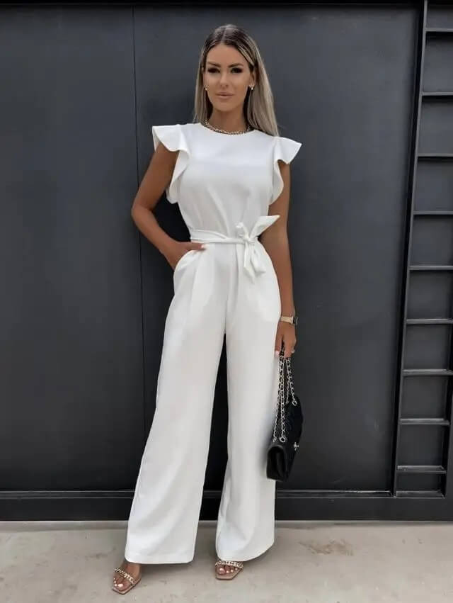 Mono Elegante de Pierna Ancha para Mujeres con Cuello Redondo, Mangas con Volantes y Cinturón de Estilo Fluido