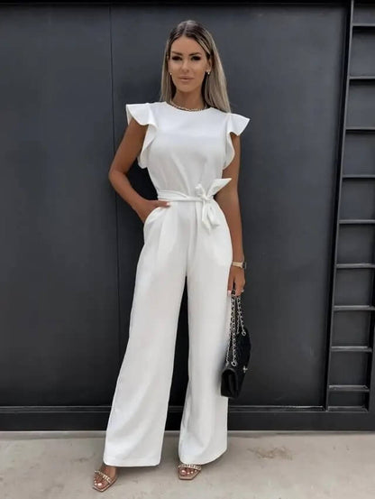 Mono Elegante de Pierna Ancha para Mujeres con Cuello Redondo, Mangas con Volantes y Cinturón de Estilo Fluido