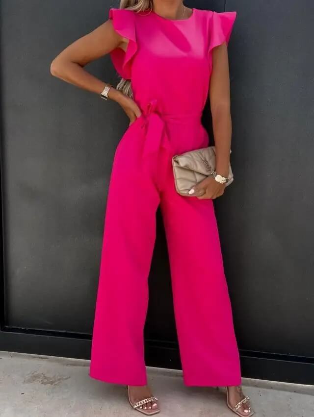 Mono Elegante de Pierna Ancha para Mujeres con Cuello Redondo, Mangas con Volantes y Cinturón de Estilo Fluido