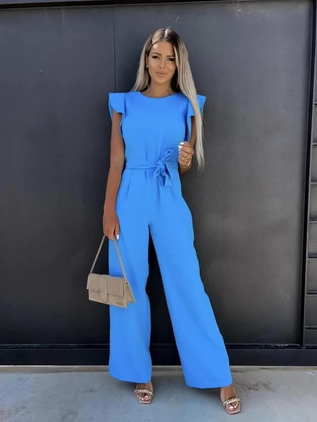 Mono Elegante de Pierna Ancha para Mujeres con Cuello Redondo, Mangas con Volantes y Cinturón de Estilo Fluido