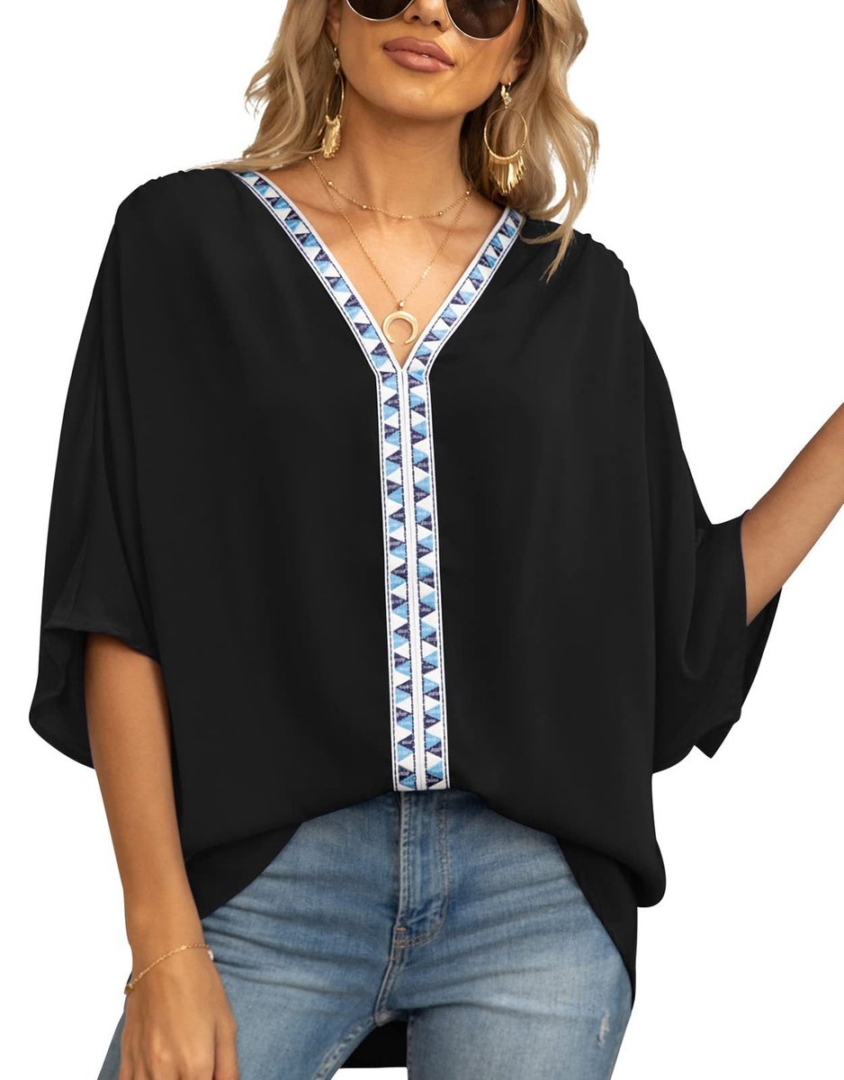 Blusa con Bordado y Corte Desenfadado para Mujeres con Cuello en V, Manga Murciélago y Dobladillo Asimétrico Estilo Bohemio
