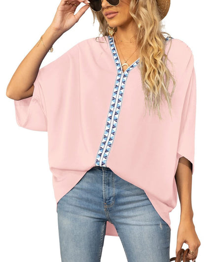 Blusa con Bordado y Corte Desenfadado para Mujeres con Cuello en V, Manga Murciélago y Dobladillo Asimétrico Estilo Bohemio