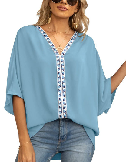 Blusa con Bordado y Corte Desenfadado para Mujeres con Cuello en V, Manga Murciélago y Dobladillo Asimétrico Estilo Bohemio