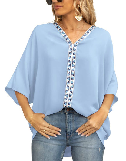 Blusa con Bordado y Corte Desenfadado para Mujeres con Cuello en V, Manga Murciélago y Dobladillo Asimétrico Estilo Bohemio