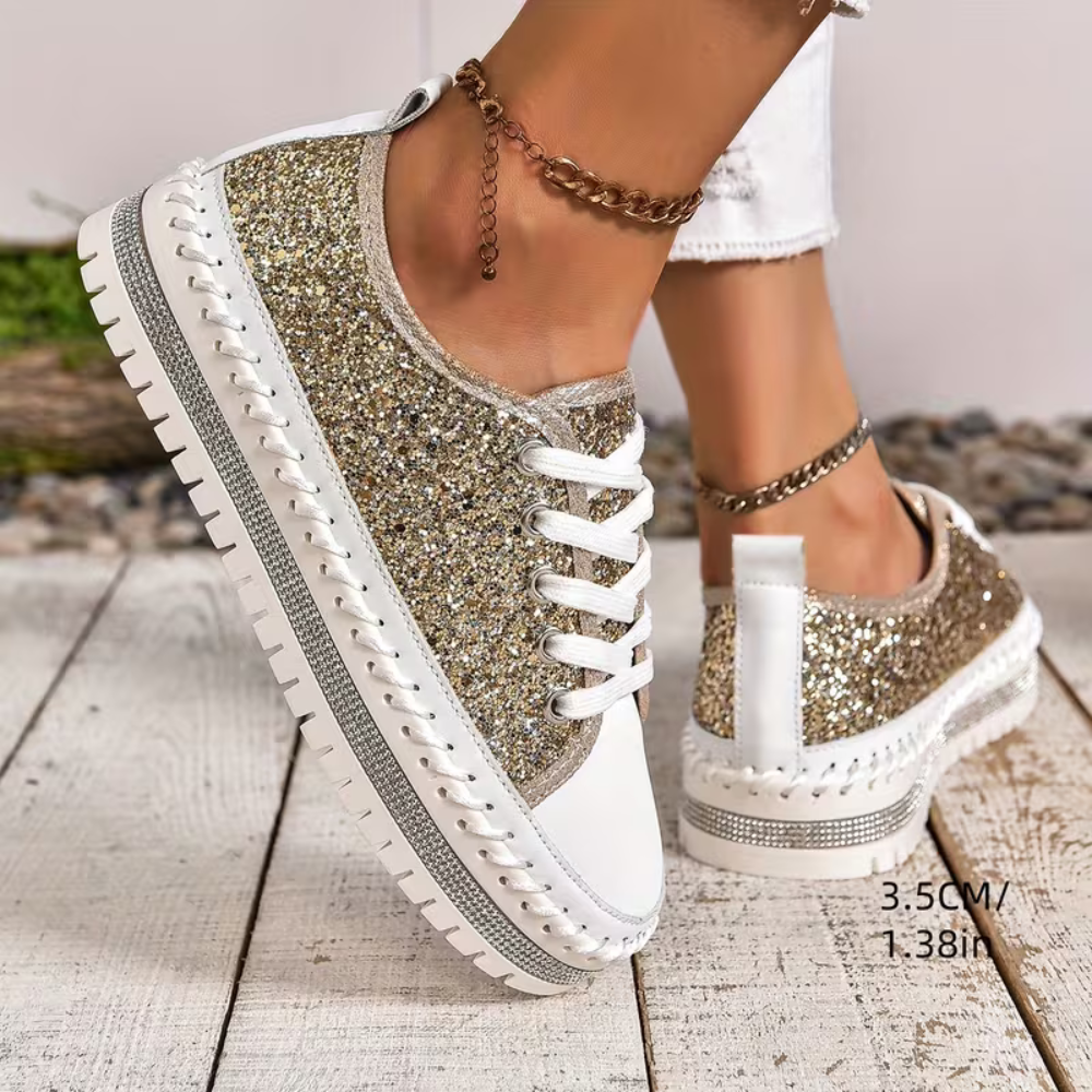 Zapatillas Cómodas para Mujeres con Paneles de Brillo, Suela Plataforma con Cordones, Estilo Bajo