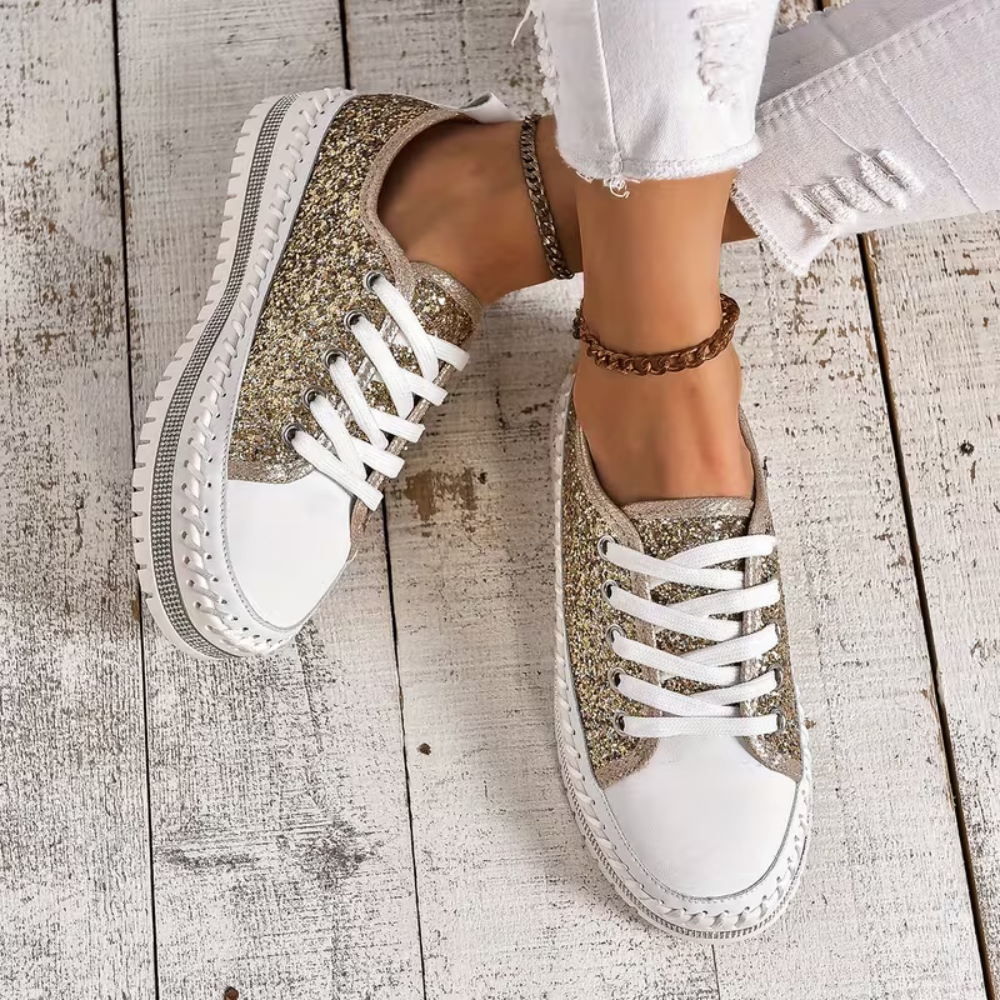Zapatillas Cómodas para Mujeres con Paneles de Brillo, Suela Plataforma con Cordones, Estilo Bajo
