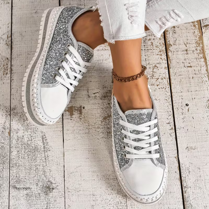 Zapatillas Cómodas para Mujeres con Paneles de Brillo, Suela Plataforma con Cordones, Estilo Bajo