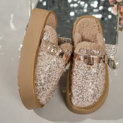 Mules de Oro Elegantes para Mujeres con Correa de Hebilla Brillante y Punta Cerrada, Estilo Plataforma Slip On