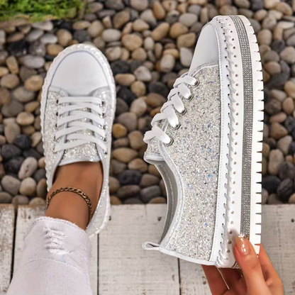 Zapatillas Cómodas para Mujeres con Paneles de Brillo, Suela Plataforma con Cordones, Estilo Bajo