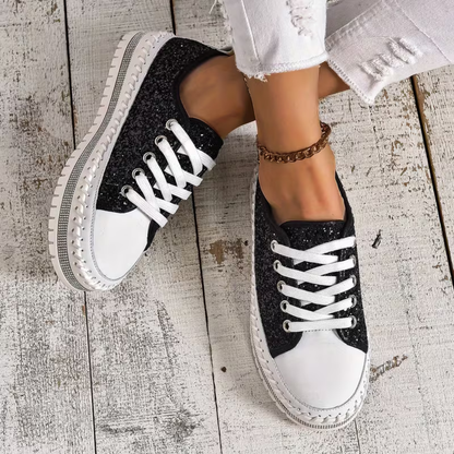 Zapatillas Cómodas para Mujeres con Paneles de Brillo, Suela Plataforma con Cordones, Estilo Bajo