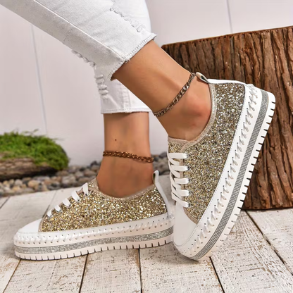 Zapatillas Cómodas para Mujeres con Paneles de Brillo, Suela Plataforma con Cordones, Estilo Bajo