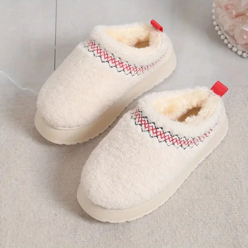 Zapatillas de Casa Cómodas para Mujeres con Parte Superior de Forro de Teddy y Ribete en Contraste