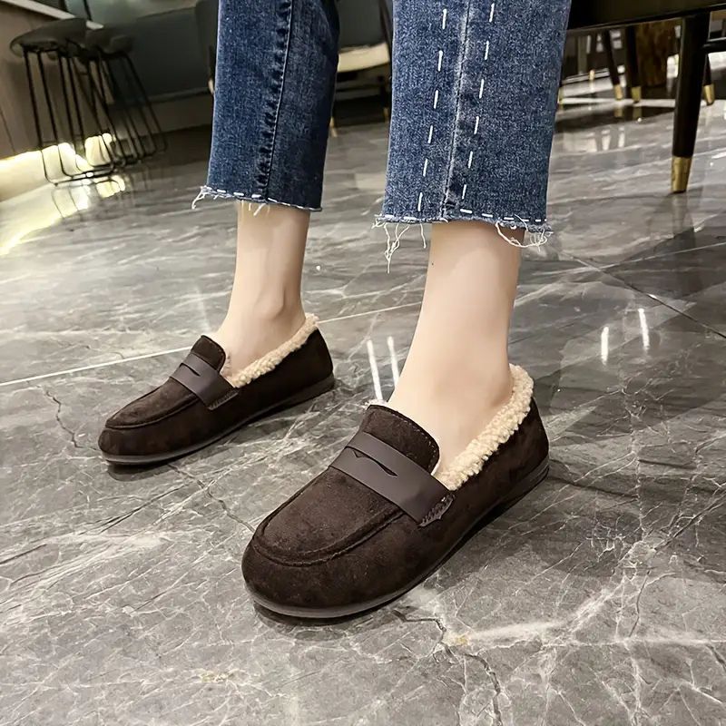 Zapatos de Casa Cómodos para Mujeres con Forro de Piel Sintética, Punta Redonda, Estilo Mocasín Slip On