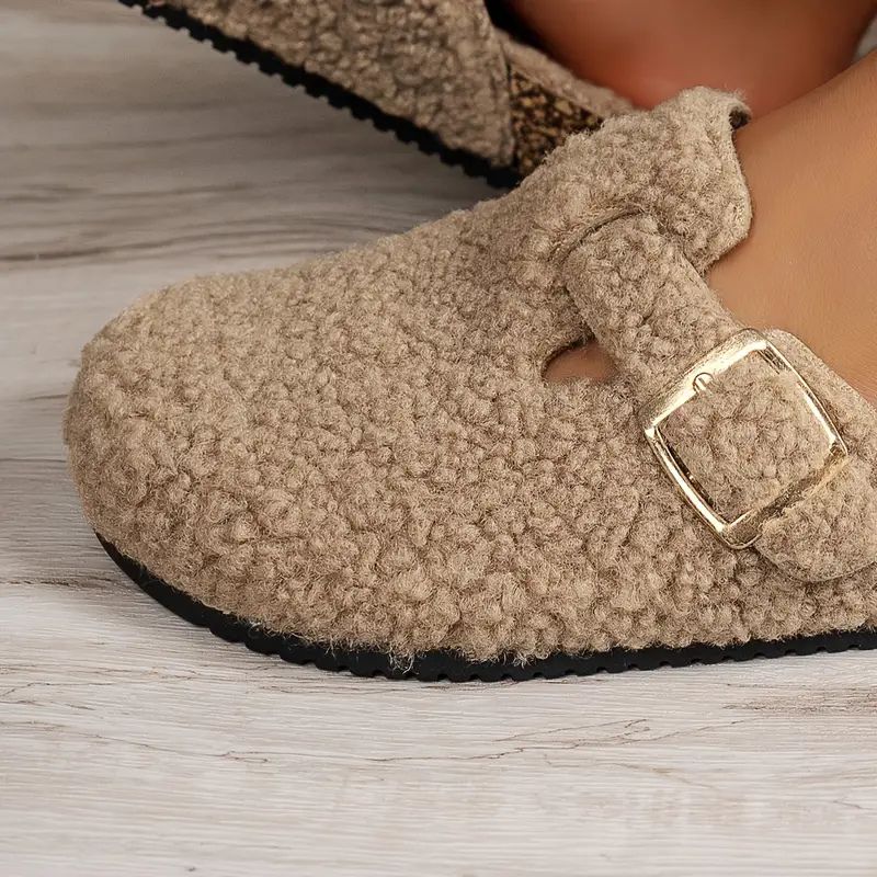Zuecos Cómodos para Mujeres con Parte Superior de Forro de Oveja Teddy, Correa de Hebilla, Sin Talón, Calzado de Casa