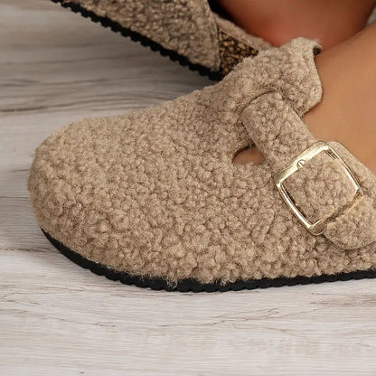 Zuecos Cómodos para Mujeres con Parte Superior de Forro de Oveja Teddy, Correa de Hebilla, Sin Talón, Calzado de Casa