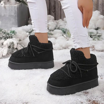 Zapatos de Invierno Cómodos para Mujeres con Forro de Piel Sintética Estilo Botín de Plataforma con Cordones